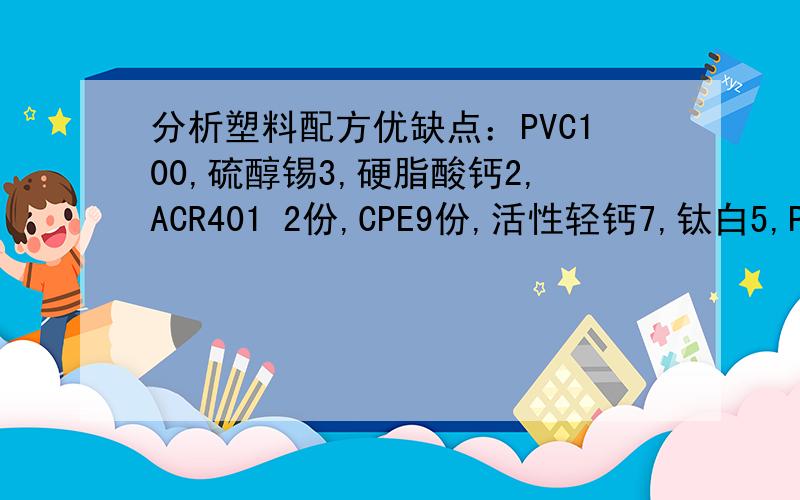 分析塑料配方优缺点：PVC100,硫醇锡3,硬脂酸钙2,ACR401 2份,CPE9份,活性轻钙7,钛白5,PE蜡1